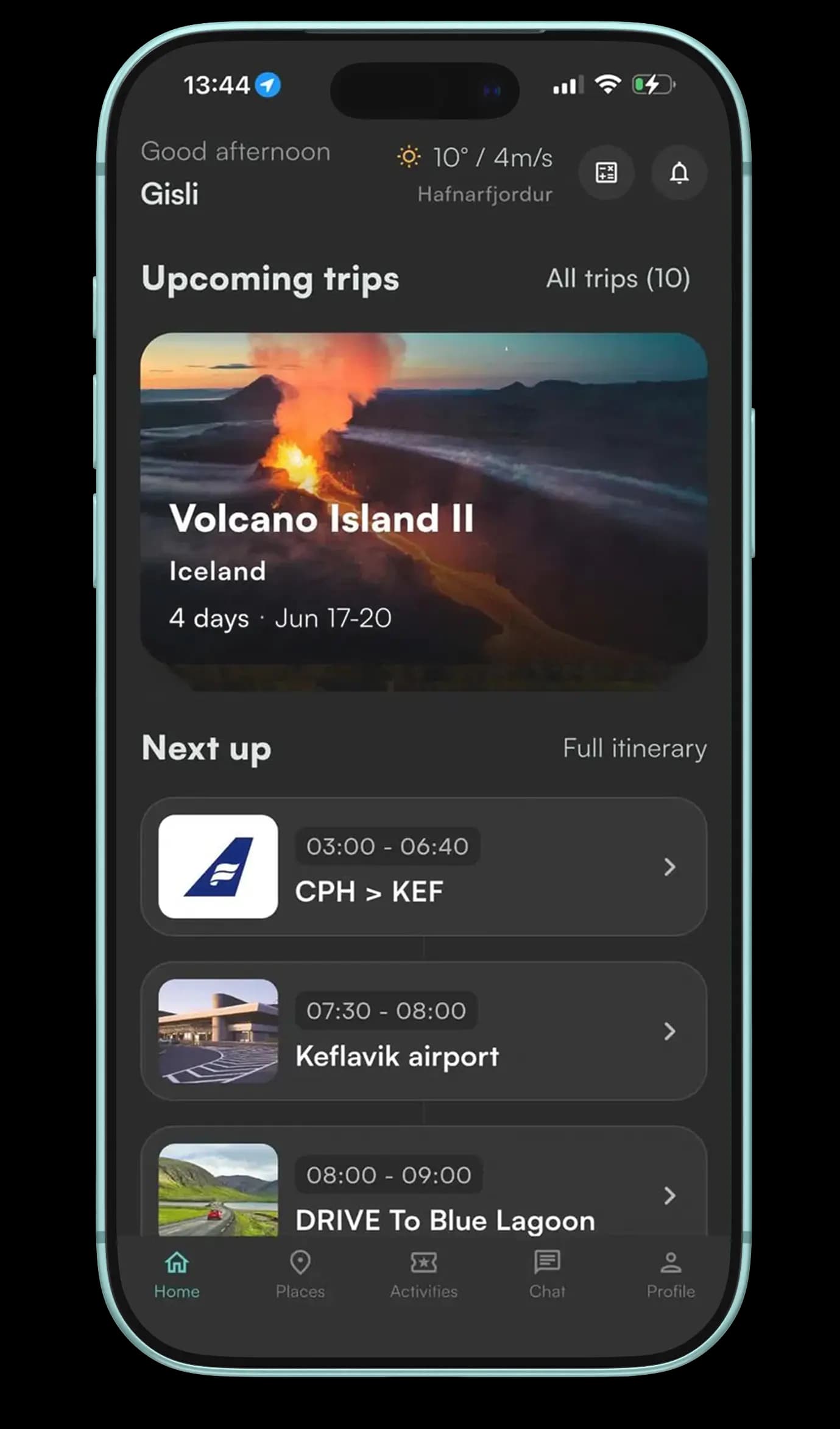 The BYRD app showing upcoming trips and the next items on the itinerary